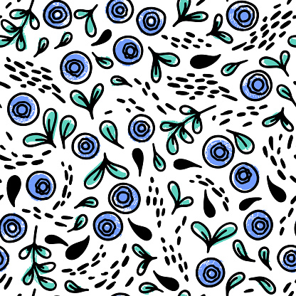 Vector seamless pattern with hand drawn colorful blueberries on white background. Design for wallpaper, background, print, textile design, notebooks, phone cases, packaging paper, and more