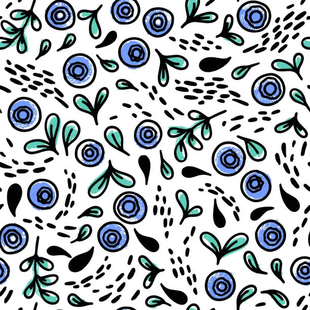 Vector illustration of Vector seamless pattern with hand drawn colorful blueberries on white background. Design for wallpaper, background, print, textile design, notebooks, phone cases, packaging paper, and more.