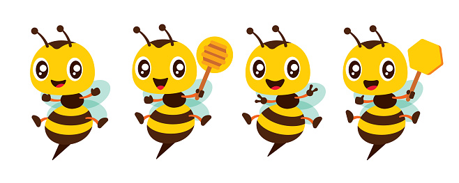 Cartoon cute bee with different poses mascot set holding honeycomb, honey dipper and victory sign gesture illustration collection flat design vector
