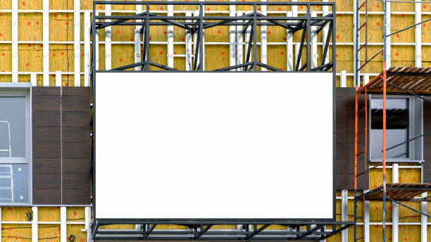 istock white banner fixed on construction with brown wooden wall 1488387357