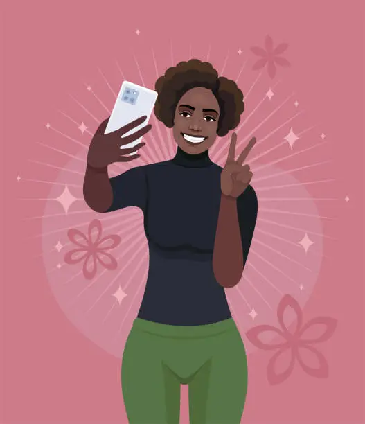 Vector illustration of Selfie photo of a beautiful African American Woman. Young woman is taking a selfie and making a peace gesture. Maintaining social networks.