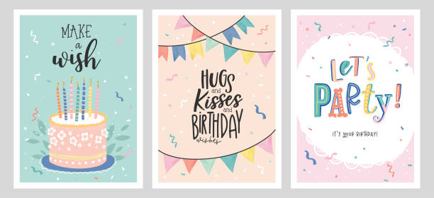 ilustraciones, imágenes clip art, dibujos animados e iconos de stock de set de postales de cumpleaños con confeti, guirnaldas, pastel y velas. invitaciones, feliz cumpleaños. plantillas vectoriales ideales para tarjetas, pósteres, volantes o banners - invitation birthday card creativity ideas