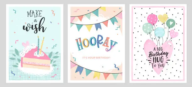 Vector illustration of Set of birthday postcards with confetti, garlands, cake and candles. Invitations, happy birthday. Vector templates great for card, poster, flyer or banner