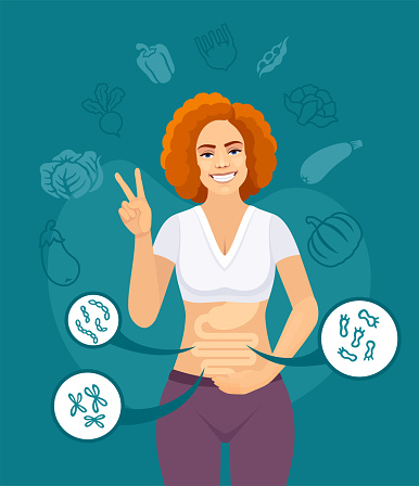 Happy woman with balanced gut flora and making a peace gesture. Probiotics and prebiotics benefits. Intestinal flora gut health vector concept with bacteria and probiotics.