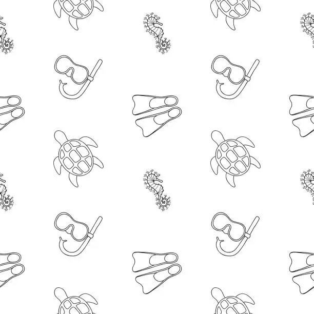 Vector illustration of Cute sea animals and snorkeling equipmaent on seamless pattern