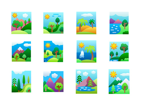Landscape icons set. Flat gradient style. Vector illustrations.