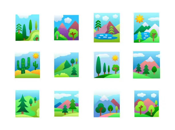 Vector illustration of Landscape Flat Gradient icons Set