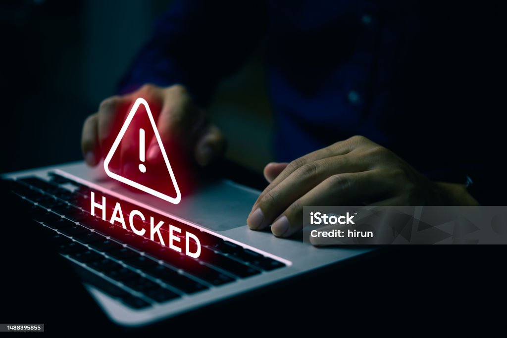 Man Using Computer With System Hacked Alert Warning Signs Attack On ...