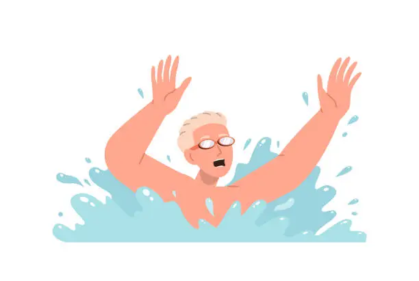 Vector illustration of Teenage boy cartoon character wearing swimming protective goggles drowning in sea or ocean water