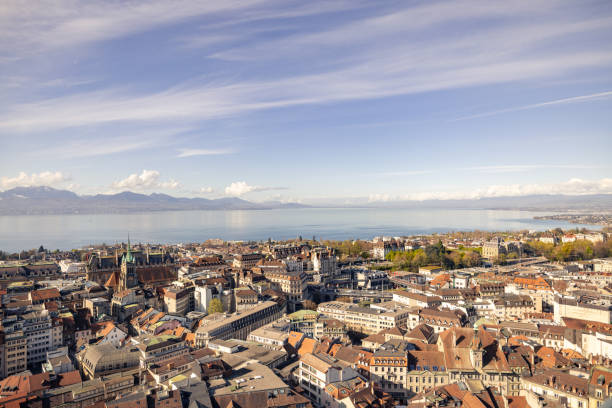 istock Aerial view, Lausamme at sunrise, Switzerland 1488396972