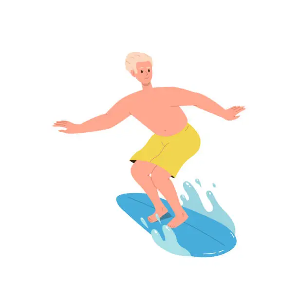 Vector illustration of Happy sportsman surfing on board catching and breaking sea or ocean waves vector illustration