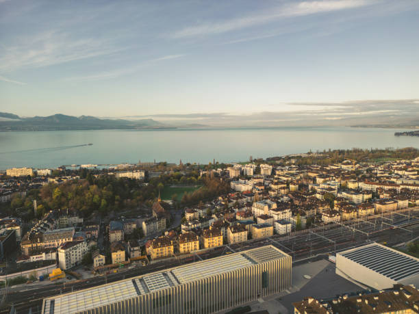 Aerial drone, Lausamme at sunrise, Switzerland