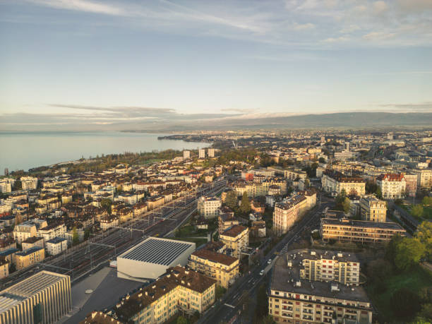 Aerial drone, Lausamme at sunrise, Switzerland