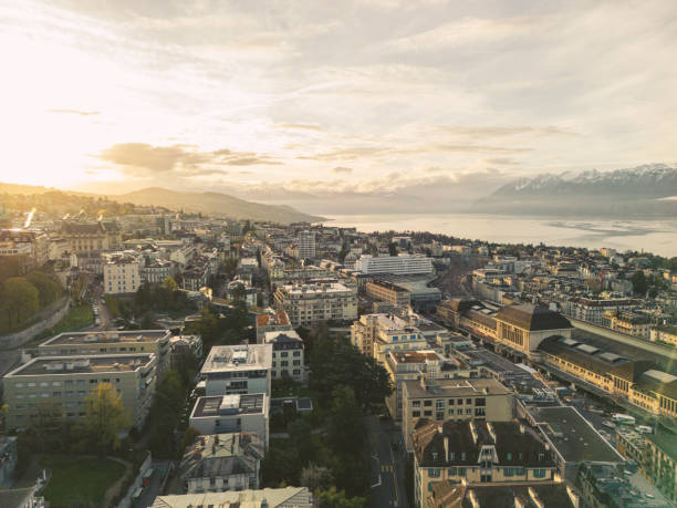 Aerial drone, Lausamme at sunrise, Switzerland