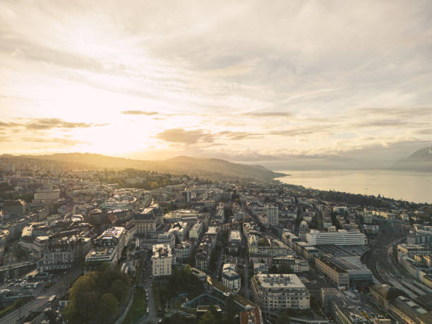 Aerial drone, Lausamme at sunrise, Switzerland