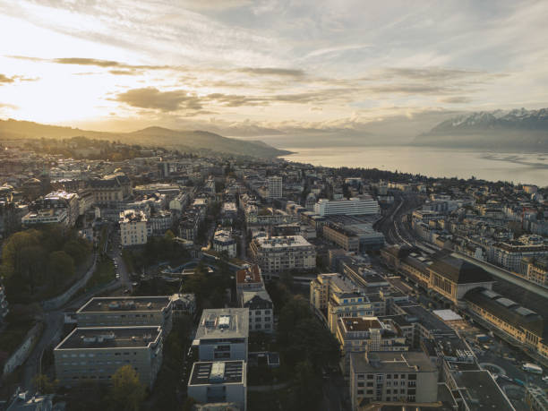 Aerial drone, Lausamme at sunrise, Switzerland