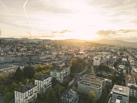 Aerial drone, Lausamme at sunrise, Switzerland