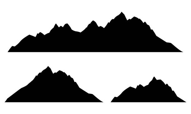 набор горных силуэтов. скалистые горы черные знаки. элемент ландшафтного дизайна. векторная иллюстрация. - mountain mountain range rocky mountains silhouette stock illustrations