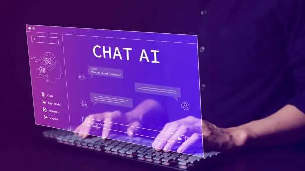 Photo of Chat with AI or Artificial Intelligence technology. Man using a laptop computer chatting with an intelligent artificial intelligence asks for the answers he wants. Smart assistant futuristic, Chat AI,