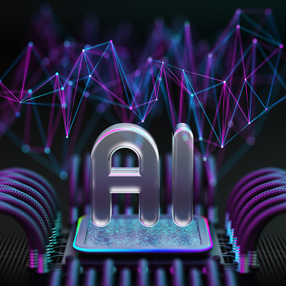 Quantum computer chip with AI. Artificial intelligence and data transfer, network connection and big data flow concept