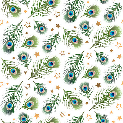 Seamless peacock feathers and gold stars pattern on a white background.