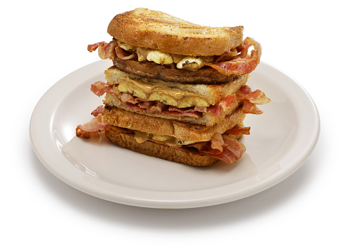 ham and butter sandwich with a red and white checkered tea towel in the background