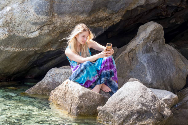Video messaging from the lost beach in Halkidiki near the sea cave