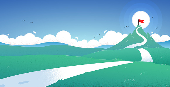 Vector illustration of a mountain landscape and a winding road. A mountain with a flag on top symbolizes the problems and obstacles that must be overcome in order to achieve one's goals