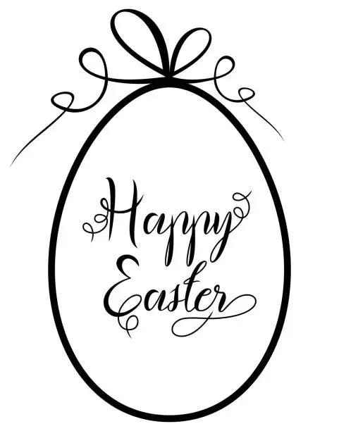 Vector illustration of Happy Easter lettering vector with Easter egg and gift ribbon in black.