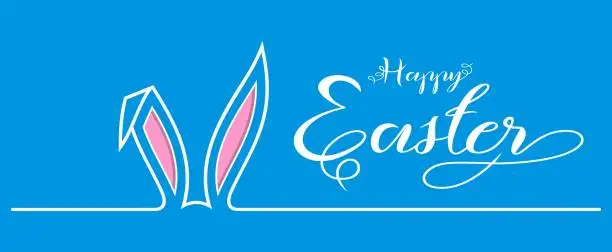 Vector illustration of Easter Bunny Ear vector with Happy Easter greeting. Blue Background.