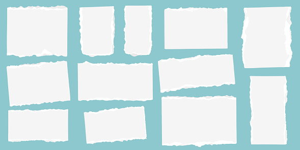 Set of white torn paper. Ripped paper strips collection. Note paper scraps with torn edges isolated on white background. Stickers. Different shapes realistic pieces of paper sheets