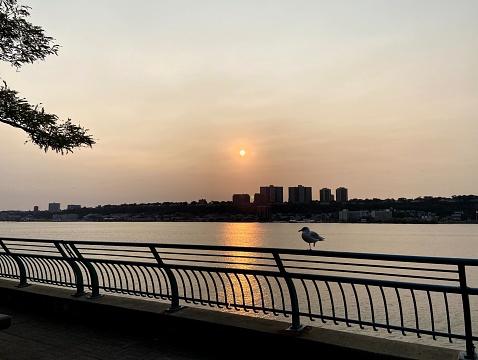 Haze created by smoke from wildfires on the West Coast creates a colorful sunset over the Hudson River and New Jersey, seen while standing in a park in New York City