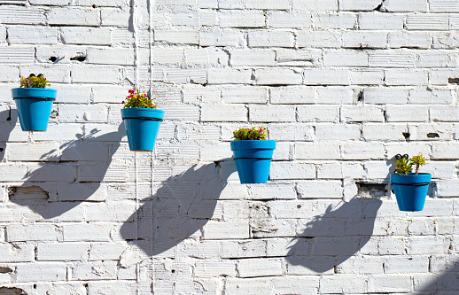 image of some flowerpots on a wall in mijas pueblo, spain