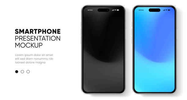 ilustrações, clipart, desenhos animados e ícones de 3d realista de alta qualidade de smartphone mockup com fundo isolado. coleção de maquetes de telefone inteligente. visualização frontal do dispositivo. celular 3d com sombra no fundo branco. - telefone celular