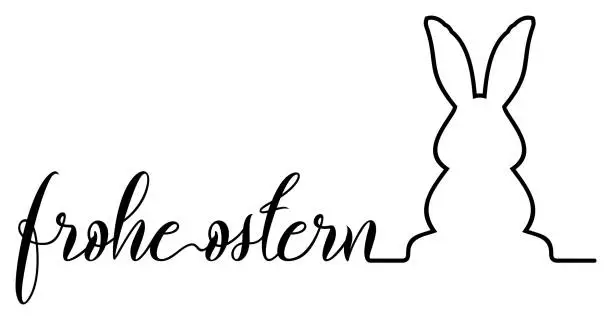 Vector illustration of Happy Easter vector lettering in German language in Black with Bunny. White isolated background.