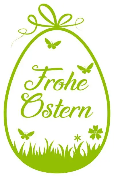 Vector illustration of Happy Easter lettering vector with Easter egg in German language in green. White isolated background.