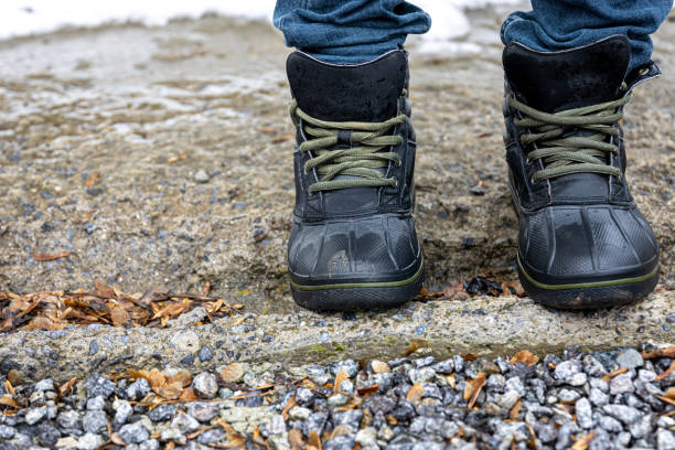 Quality waterproof boots for bad weather, close-up.