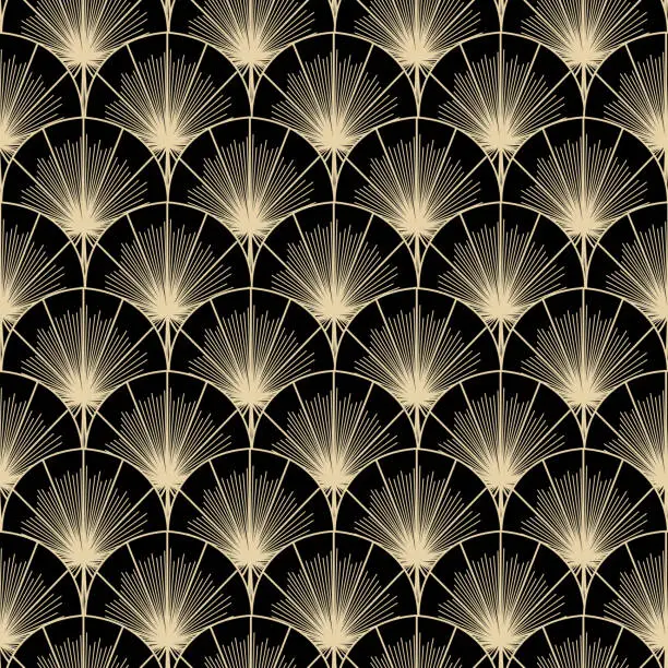 Vector illustration of Art Deco Leaf Fan and Starburst Seamless Repeat Pattern Background