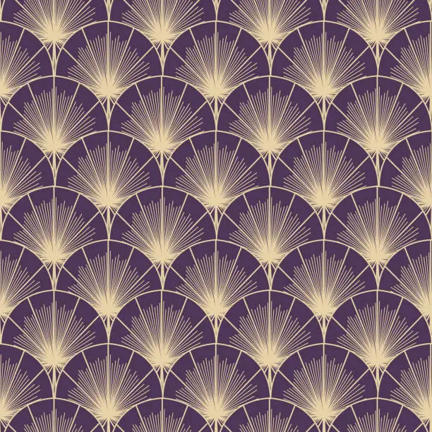 Vector illustration of Art Deco Leaf Fan and Starburst Seamless Repeat Pattern Background