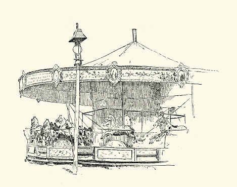 Vintage illustration of Carousel  or merry-go-round amusement ride  in fairground, Victorian French, 19th Century, Jules Garnier