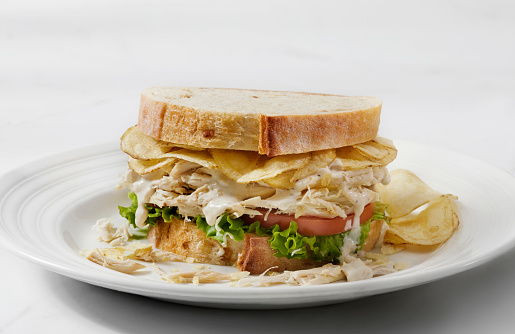 Ranch Chicken Crunch Sandwich on Sourdough Bread with Potato Chips, Lettuce and Tomato