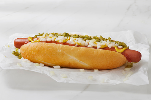 The Foot Long Ballpark Hotdog with, Ketchup, Mustard, Relish and Onions