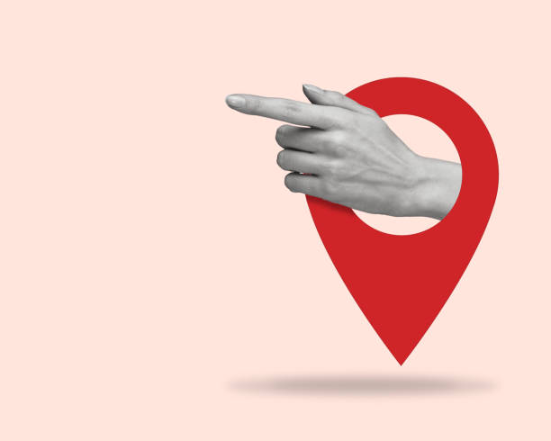 Contemporary art collage with a hand and  location symbol icon.