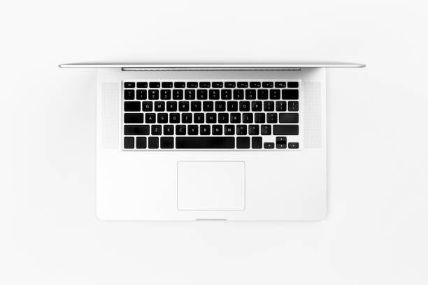 Modern laptop on a white background isolated, top view. The concept of working remotely, online and technology.