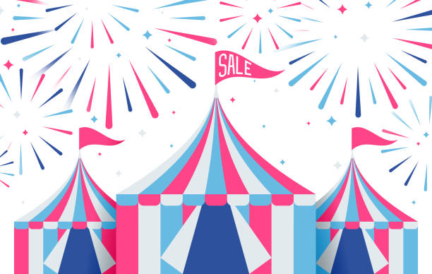 ilustrações de stock, clip art, desenhos animados e ícones de tent sale fireworks - vector excitement white red