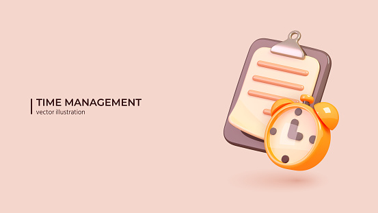 3d Time Management Concept. Realistic 3d design of Work organizer with Yellow Alarmclock. Project manager tools in cartoon minimal style. Vector illustration