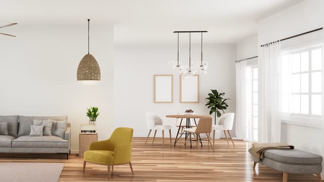 Animation of modern style white living and dining room3d render