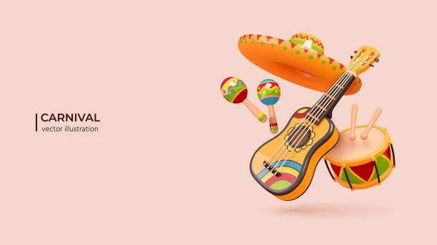 3d Illustrated cartoon set of mexican party accessories. Vector illustration - ilustração de arte vetorial