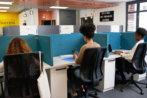 Three young women share coworking space, work side by side with desk dividers. High quality photo