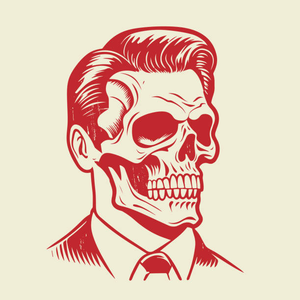 Hombre de dibujos animados retro con cabeza de calavera - ilustración de arte vectorial